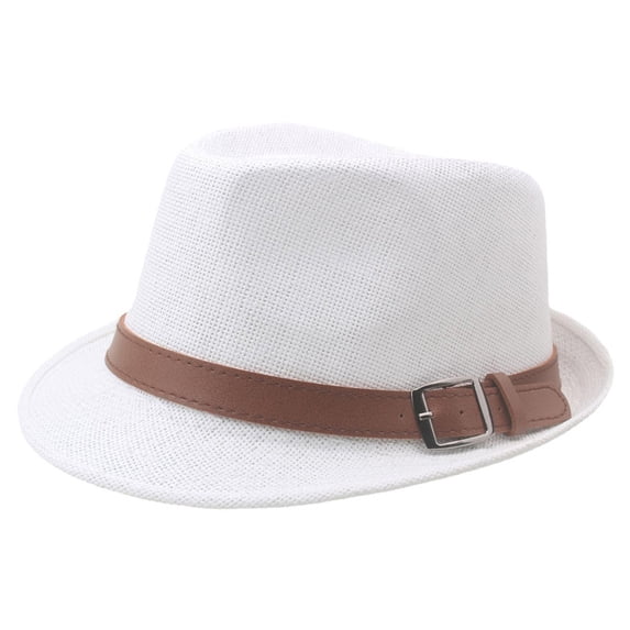 Fewfanhot Woven Fedora Hat for Men Women, Breathable Lightweight Trilby Hat with Leather Belt Buckle Classic Vintage Sun Hat for Daily Wear Party Wedding Gift