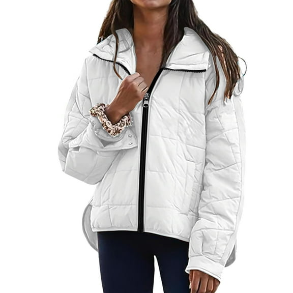 Fewfanhot Zip Up Hoodie Women Lightweight Down Coat Long Sleeve Button Quilted Pullover Puffer Jacket Packable Hooded Winter Coat