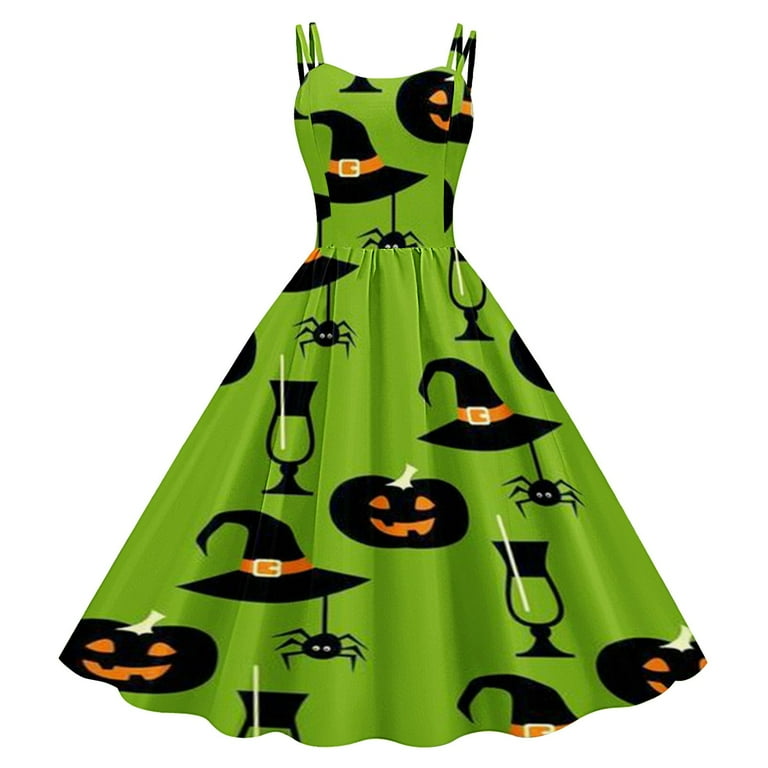 Fexhaormme Halloween Party Dresses for Women Rockabilly Dresses Sweetheart Neck Sleeveless Wrap Waist Printed Vintage Swing Dress Cocktail Prom Party Dress Suspender Dress Walmart