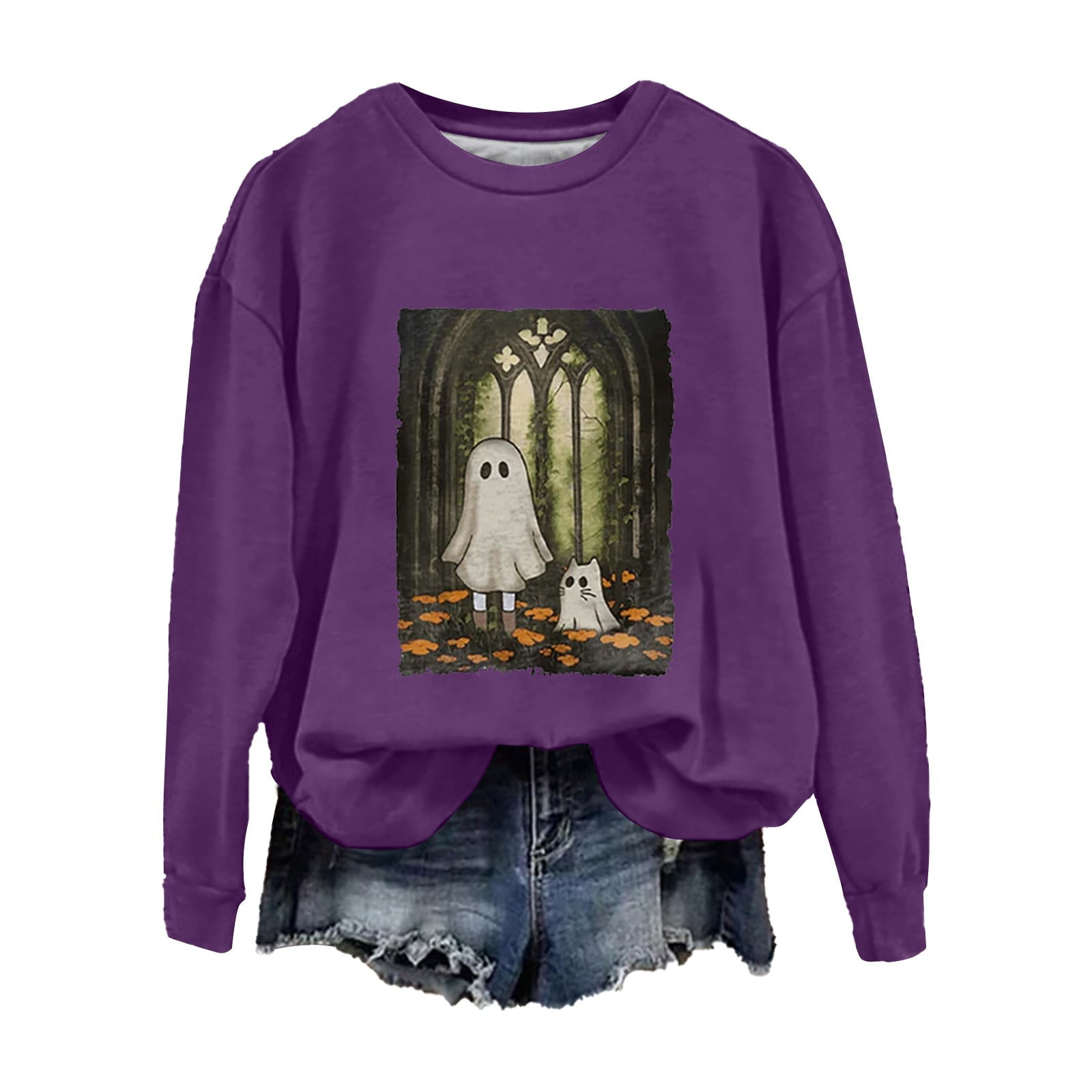Fexhaormme Halloween Sweatshirt Women Oversized Cute Spooky Ghost Graphic Shirt Halloween Sweater Fall Long Sleeve Pullover Top Crew Neck Casual Outfits 2024 Halloween Fall Clothes Walmart