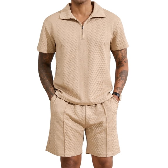 Fexilor Men's 2 Piece Casual Quarter Zip Polo Shirt Set Summer Vacation Beach Outfit,Sizes S-2XL