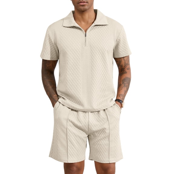 Fexilor Men's 2 Piece Casual Quarter Zip Polo Shirt Set Summer Vacation Beach Outfit,Sizes S-2XL