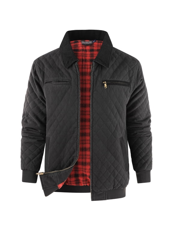 Men's Detroit Style Quilted Work Jacket, Corduroy Collar, Flannel Lined Coat with Zipper Pockets