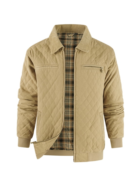 Men's Detroit Style Quilted Work Jacket, Corduroy Collar, Flannel Lined Coat with Zipper Pockets