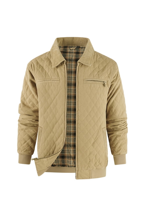 Men's Detroit Style Quilted Work Jacket, Corduroy Collar, Flannel Lined Coat with Zipper Pockets