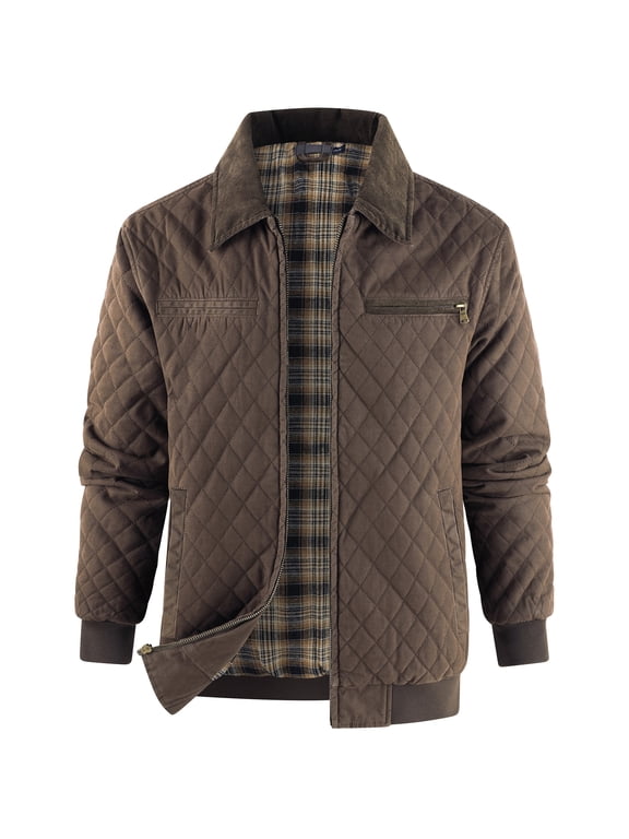 Men's Detroit Style Quilted Work Jacket, Corduroy Collar, Flannel Lined Coat with Zipper Pockets