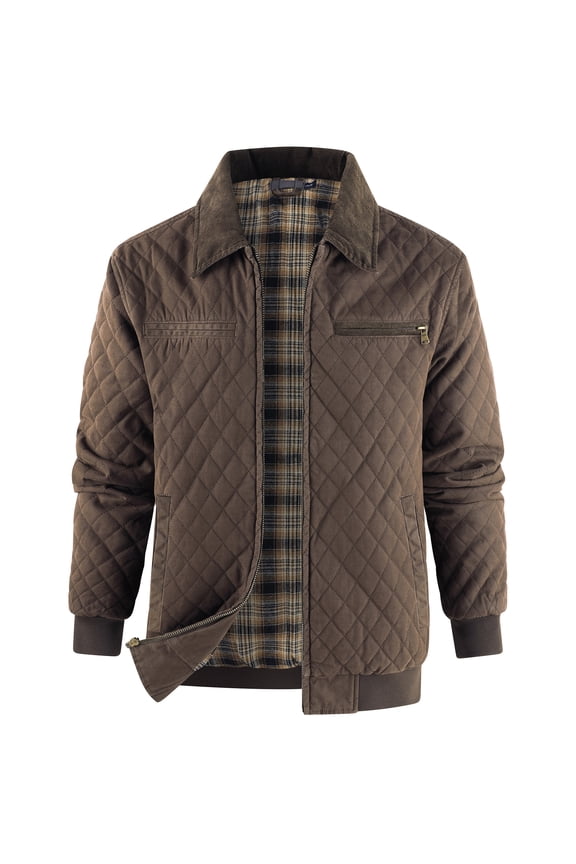 Men's Detroit Style Quilted Work Jacket, Corduroy Collar, Flannel Lined Coat with Zipper Pockets