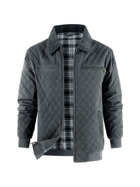 Men's Detroit Style Quilted Work Jacket, Corduroy Collar, Flannel Lined Coat with Zipper Pockets