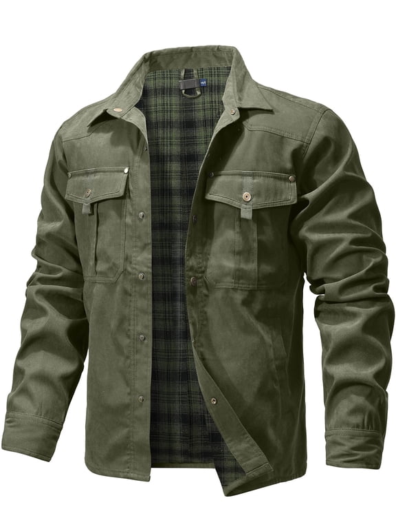 Men's Flannel Lined Jacket, Plaid Brushed Lining, Cowboy Western Twill Outdoor Shirt Jacket