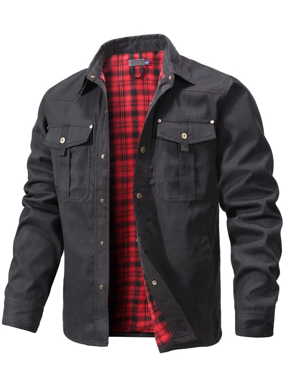 Men's Flannel Lined Jacket, Plaid Brushed Lining, Cowboy Western Twill Outdoor Shirt Jacket