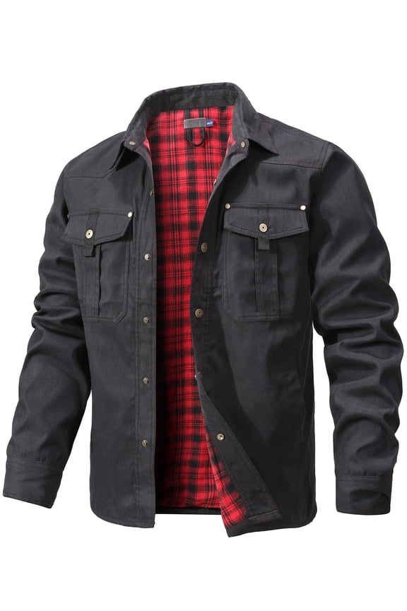 Men's Flannel Lined Jacket, Plaid Brushed Lining, Cowboy Western Twill Outdoor Shirt Jacket