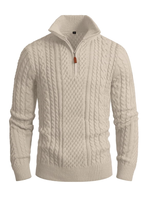 Men's Quarter-Zip Sweater, Cable Knit Mock Neck Slim Fit Business Casual Pullover S-3XL