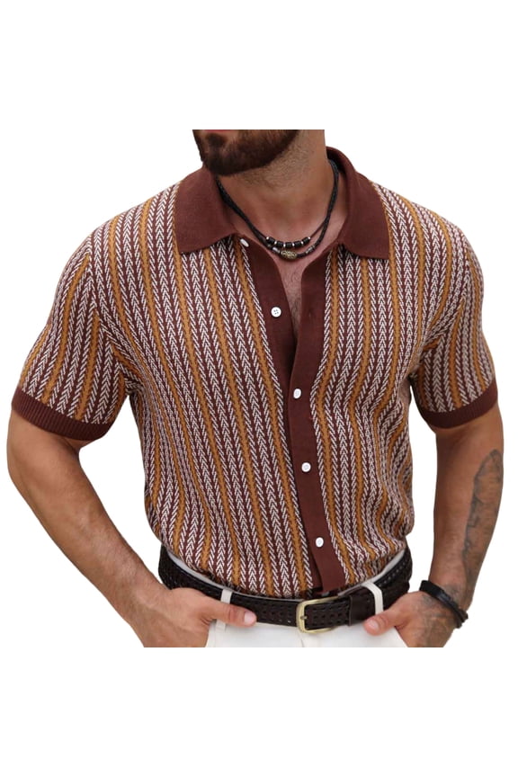 Men's Retro Herringbone Stripe Knit Shirt - Lightweight Short Sleeve - Spring Summer Casual Formal Wear