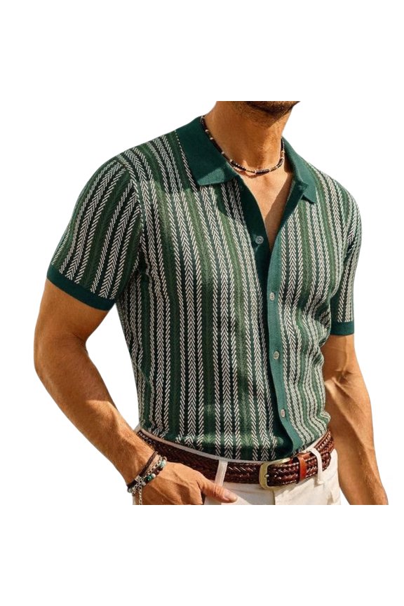 Men's Retro Herringbone Stripe Knit Shirt - Lightweight Short Sleeve - Spring Summer Casual Formal Wear