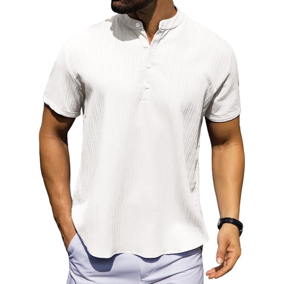 Fexilor Men's Shirts Short Sleeve Button Down Relaxed Fit Modern Stand Collar Casual Dress Shirts, Fade-Resistant