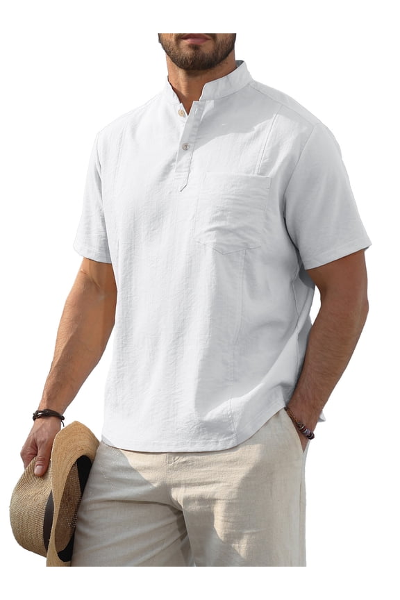 Men's Short Sleeve Button Henley Shirts, Stand Collar Casual and Dress Tops with Pocket