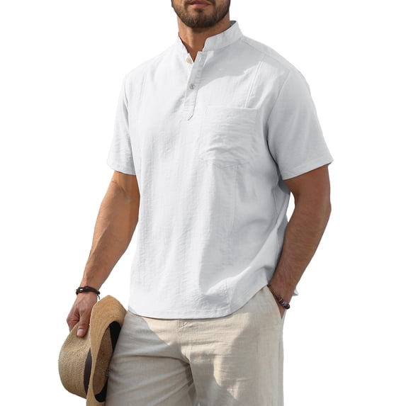 Fexilor Men's Short Sleeve Button Henley Shirts, Stand Collar Casual and Dress Tops with Pocket