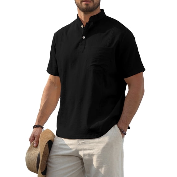 Fexilor Men's Short Sleeve Button Henley Shirts, Stand Collar Casual and Dress Tops with Pocket