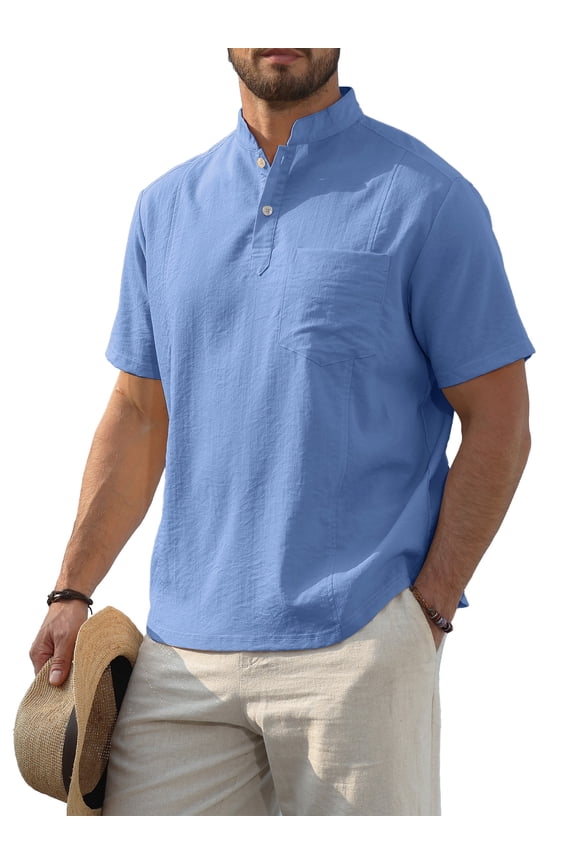 Men's Short Sleeve Button Henley Shirts, Stand Collar Casual and Dress Tops with Pocket
