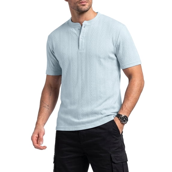 Fexilor Men's Short Sleeve Henley Shirts,Textured Jacquard Casual Button-Up Tops