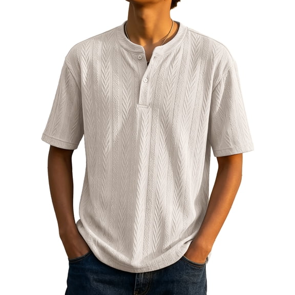 Fexilor Men's Short Sleeve Henley Shirts,Textured Jacquard Casual Button-Up Tops