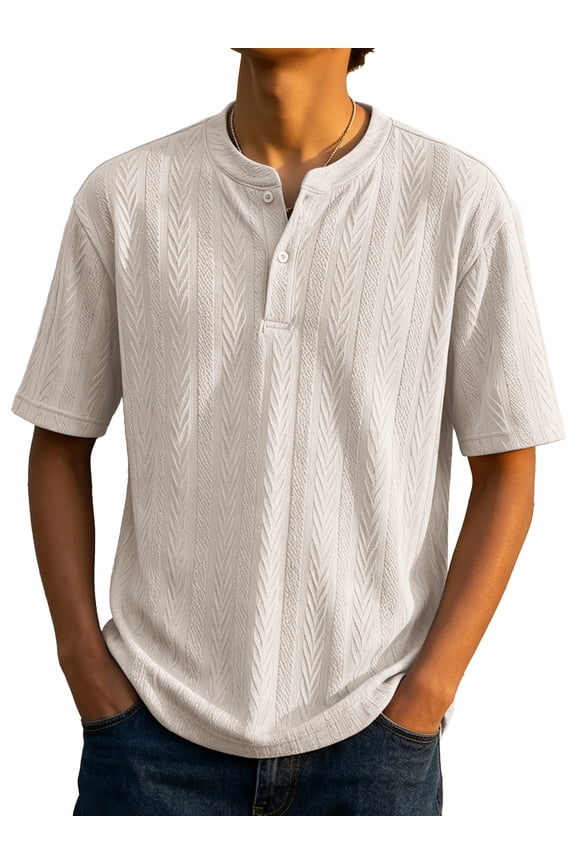 Men's Short Sleeve Henley Shirts,Textured Jacquard Casual Button-Up Tops