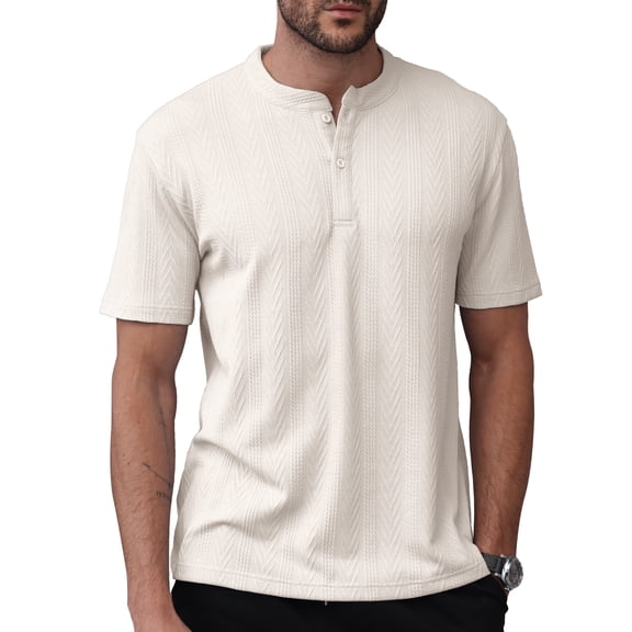Fexilor Men's Short Sleeve Henley Shirts,Textured Jacquard Casual Button-Up Tops