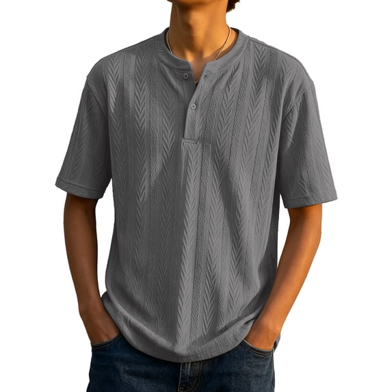 Fexilor Men's Short Sleeve Henley Shirts,Textured Jacquard Casual Button-Up Tops