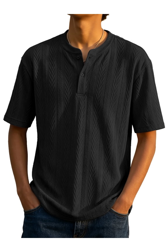 Men's Short Sleeve Henley Shirts,Textured Jacquard Casual Button-Up Tops