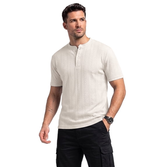 Fexilor Men's Short Sleeve Henley Shirts,Textured Jacquard Casual Button-Up Tops