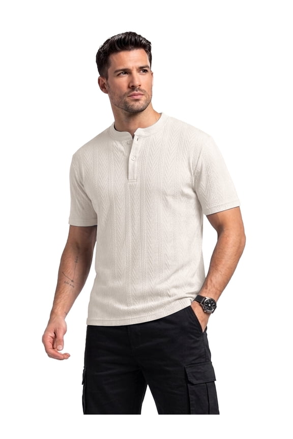 Men's Short Sleeve Henley Shirts,Textured Jacquard Casual Button-Up Tops