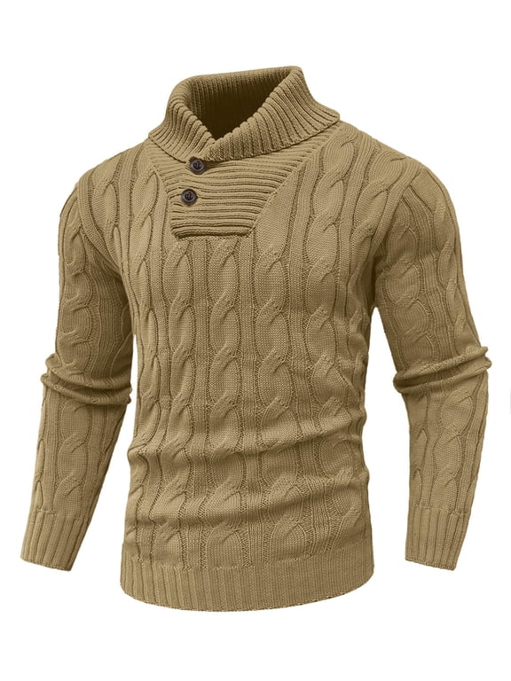 Men's Vintage Lapel Button Fisherman Cable Knit Sweater, Light Warm Winter Breath Pullover S-3XL