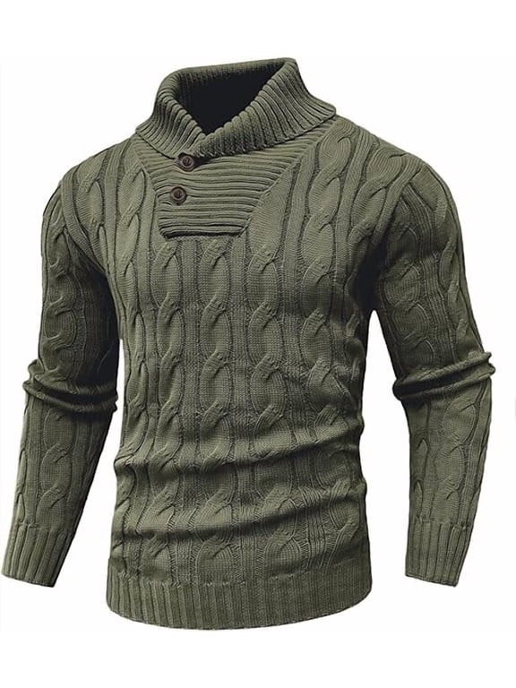 Men's Vintage Lapel Button Fisherman Cable Knit Sweater, Light Warm Winter Breath Pullover S-3XL
