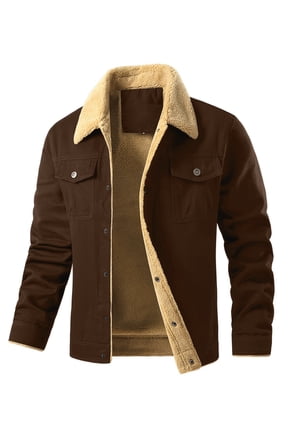 Men's Winter Cotton Sherpa-Lined Jacket, Casual Trucker Outerwear with Flap Pockets