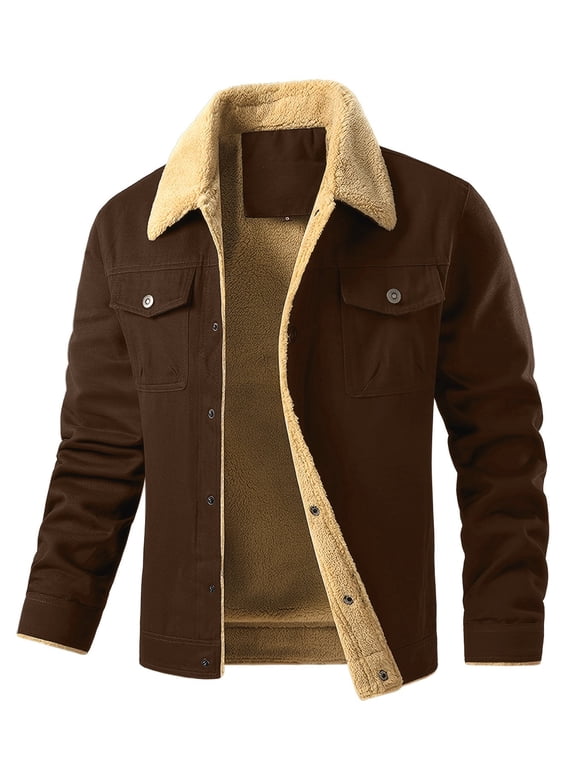 Men's Winter Cotton Sherpa-Lined Jacket, Casual Trucker Outerwear with Flap Pockets