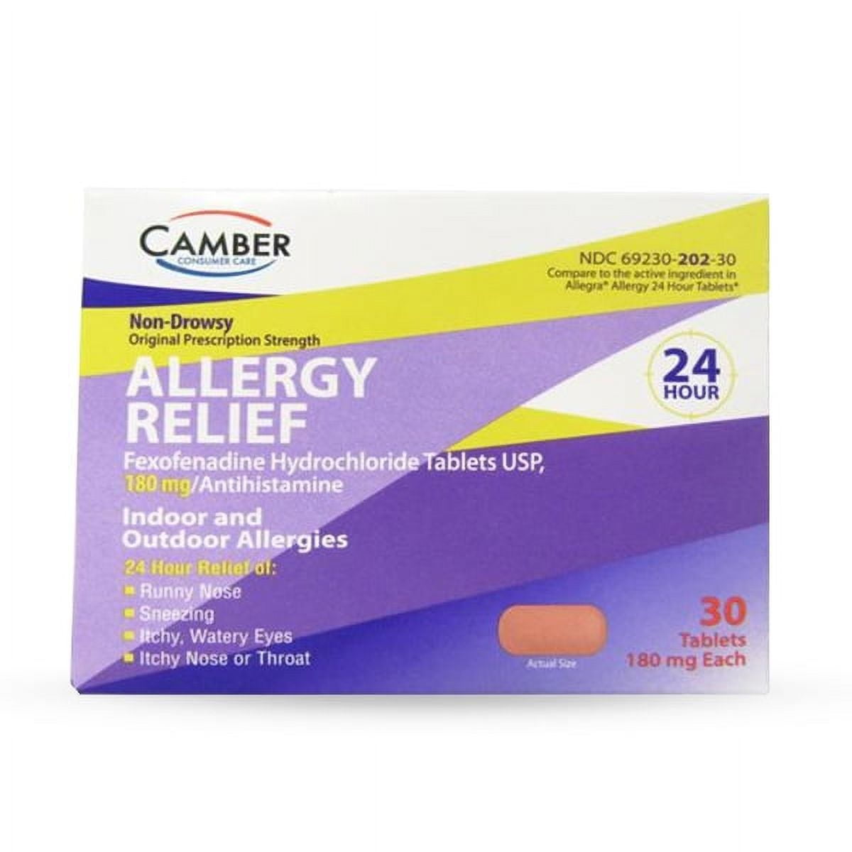 Camber Consumer Fexofenadine Hydrochloride 180mg, Prescription Strength Antihistamine Tablets, 30 Count