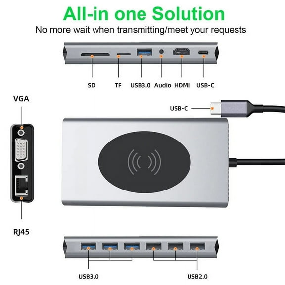 Feylan 15 in 1 USB C 3.0 hub Type-C 4k-hdmi RJ45 Gigabit 14 port adapter PD charge docking station laptop PC USB notebook splitter