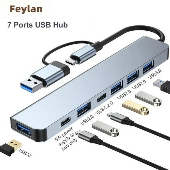 Feylan 7 in 1 USB Hub Type A C Concentrator 3.0 2.0 Multi Adapter Multi-hub Dock Splitter Laptop PC Computer Extension Accessories