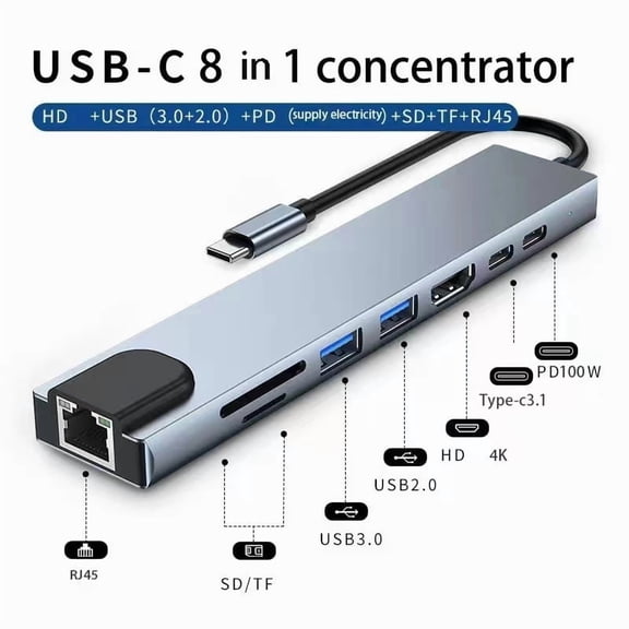 Feylan USB 8 in 1 type c 3 1 to 4K HDTV hub adapter with SD TF RJ45 card reader PD fast charge for MacBook notebook computer