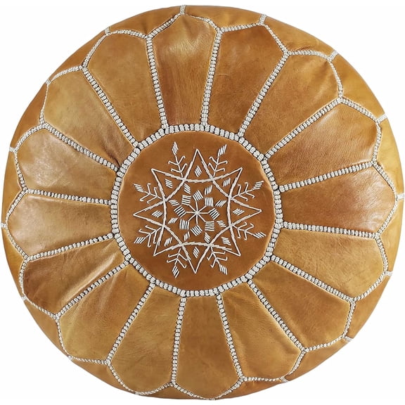 Fezcrafts 40+ Colors Stuffed Moroccan Ottoman Genuine Goat Leather Round Handmade Pouf Footstool Living Room Cocktail Seats Tribal Boho Furniture (Light Brown)