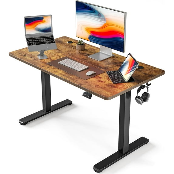 Fezibo 40" x 24" Height Adjustable Standing Desk, Electric Sit Stand Home Office Desk with Splice Board, Black Frame/Rustic Brown Top