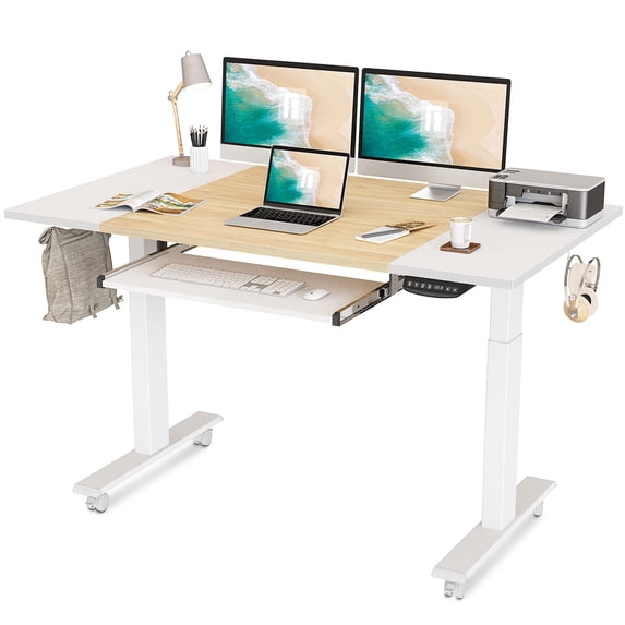 Fezibo Dual Motor Height Adjustable Electric Standing Desk with Keyboard Tray, 63" Sit Stand Desk, White and Natural Finish