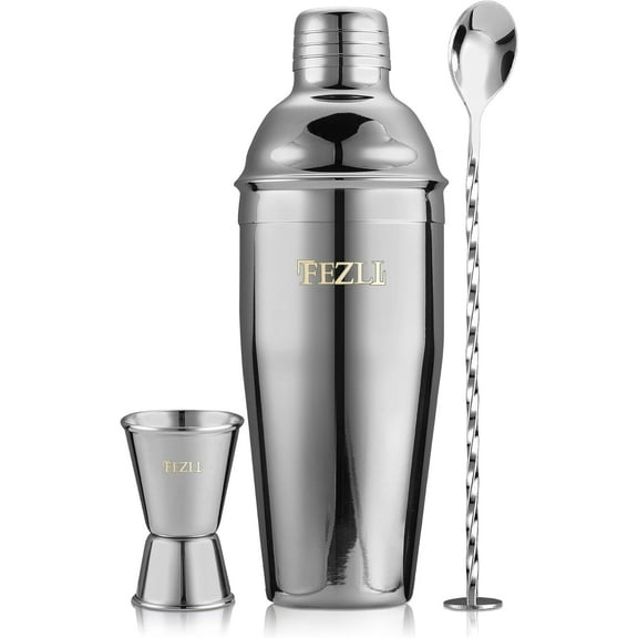 Fezli 5 PCS Cocktail Making Set 700ml Stainless Steel Cocktail Shaker Set with Strainer, Jigger and Mixing Spoon, Bartending Set with Bar Accessories & Cocktail Accessories for Drinks (Silver)