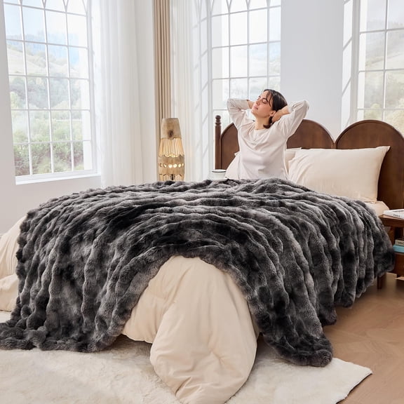 Ffaux Rabbit Throw Blanket - Soft Fuzzy Plush Luxury Cozy Thick Warm Decorative Bubble For Bed Sofa (size 60''x80'' Black)