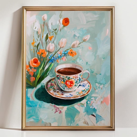 Ffloral Teacup Wall Art Print Vintage Tea Cup Cottagecore Tea Time Decor Romantic Floral Kitchen Wall Art