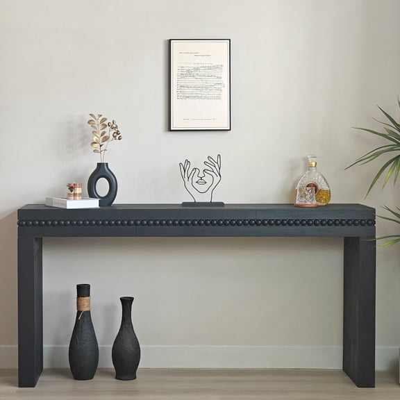 Ffz 64In Modern Black Wood Console Table Elegant Entryway Table With Decorative Beaded Trim