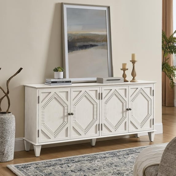 FFZ 65.2 inch Mid Century Modern Sideboard Buffet Storage Cabinet Symmetrical Geometric Console, Antique White