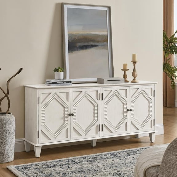FFZ 65.2 inch Mid-Century Modern Sideboard Buffet with Geometric Accent and Adjustable Shelf, Antique White