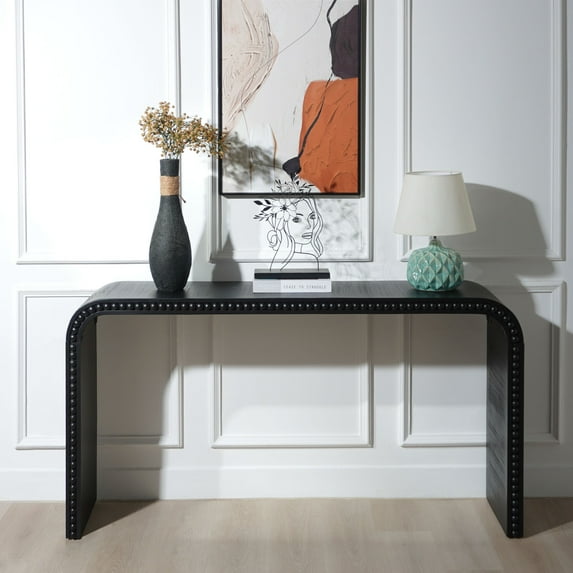 Ffz Black Wood Console Table, 59In Entryway Table, Curved Waterfall-Style Table,Console Table With Wood Beads,Entrance Table For Entryway, Hallway, Living Room, Foyer, Corridor