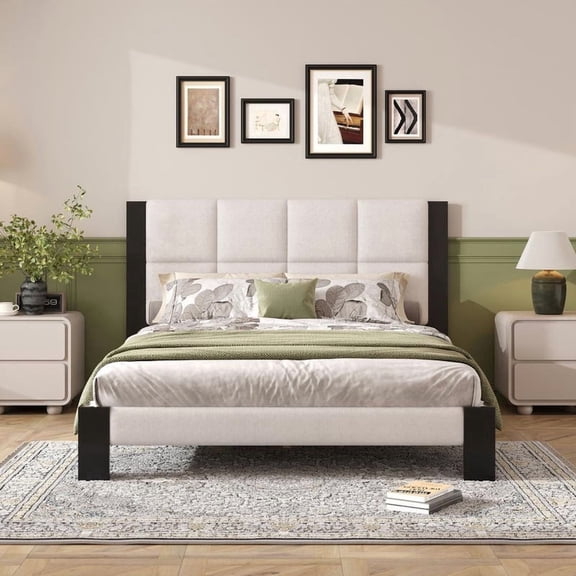 FFZ Queen Boucle Platform Bed Frame with Square-Stitched Headboard and Black Wood Legs, Beige+black